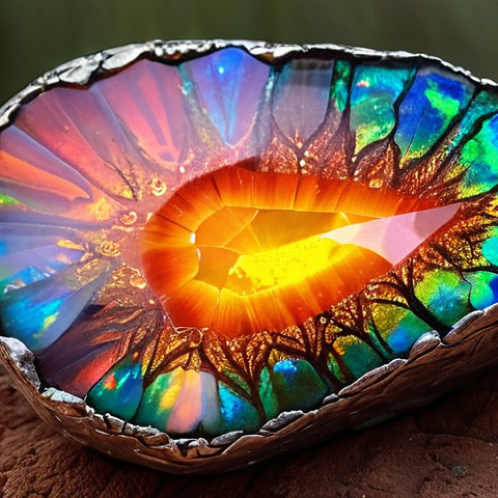 **Opal:** A vibrant opal gemstone displaying a rainbow of colors with an intense play-of-light, reminiscent of fireworks. Capture the gem's opalescence, showcasing fiery reds, calming blues, and verdant greens. The background should evoke the Australian opal fields, like Lightning Ridge, with a sense of vastness and depth.