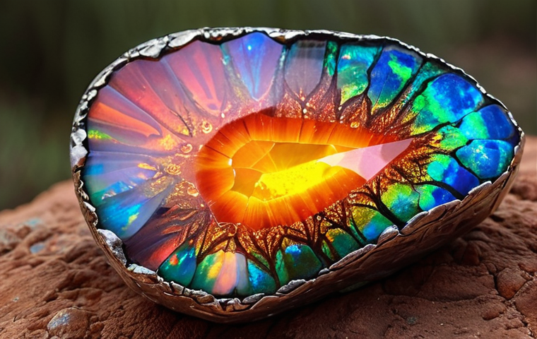 **Opal:** A vibrant opal gemstone displaying a rainbow of colors with an intense play-of-light, reminiscent of fireworks. Capture the gem's opalescence, showcasing fiery reds, calming blues, and verdant greens. The background should evoke the Australian opal fields, like Lightning Ridge, with a sense of vastness and depth.