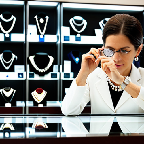 Home 23 **
"A brightly lit photograph of a woman, fully clothed in a professional outfit appropriate for jewelry appraisal, carefully examining a diamond necklace with a magnifying glass in a well-lit jewelry store. Focus on her hands and the necklace. Background includes display cases with other jewels, safe for work, correct proportions, well-formed hands, professional setting, appropriate content, high quality."
**