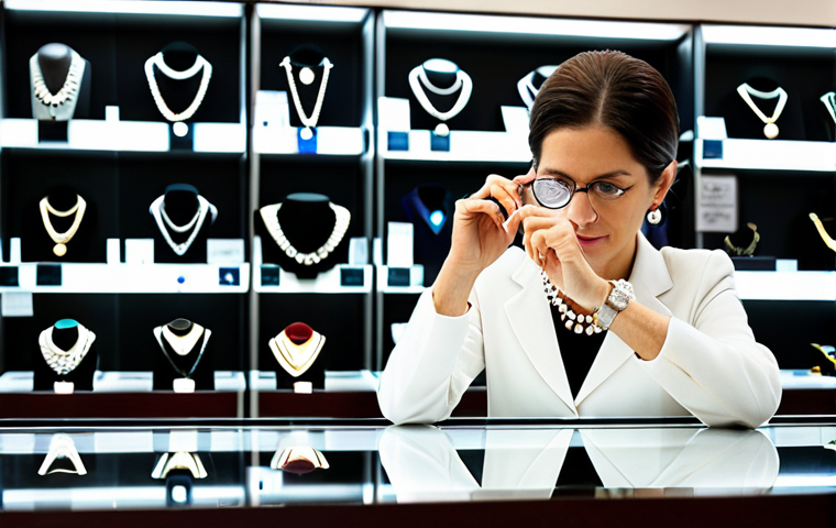 **
"A brightly lit photograph of a woman, fully clothed in a professional outfit appropriate for jewelry appraisal, carefully examining a diamond necklace with a magnifying glass in a well-lit jewelry store. Focus on her hands and the necklace. Background includes display cases with other jewels, safe for work, correct proportions, well-formed hands, professional setting, appropriate content, high quality."
**