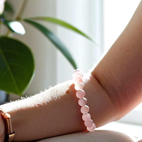 Home 12 **
A woman's wrist adorned with a delicate Rose Quartz bracelet, featuring small, round beads, in a cozy living room. Sunlight streams through a window, illuminating the soft pink hues of the stones. In the background, there's a glimpse of a bookshelf with plants. Fully clothed, modest clothing, safe for work, perfect anatomy, natural proportions, professional photography, high quality. The overall impression should be calming and serene. appropriate content, professional.
**
