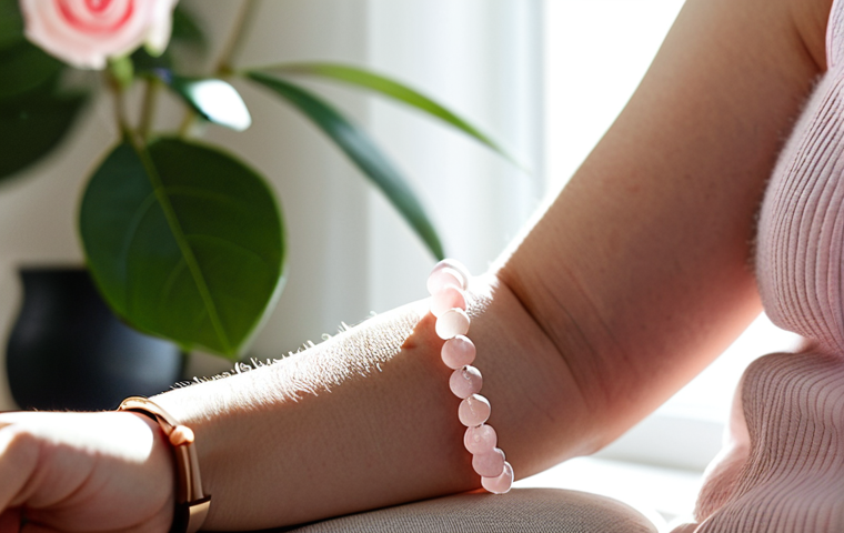 **
A woman's wrist adorned with a delicate Rose Quartz bracelet, featuring small, round beads, in a cozy living room. Sunlight streams through a window, illuminating the soft pink hues of the stones. In the background, there's a glimpse of a bookshelf with plants. Fully clothed, modest clothing, safe for work, perfect anatomy, natural proportions, professional photography, high quality. The overall impression should be calming and serene. appropriate content, professional.
**